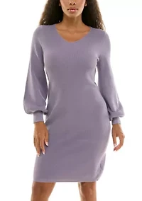 Balloon Sleeve Ribbed Knit Sweater Dress