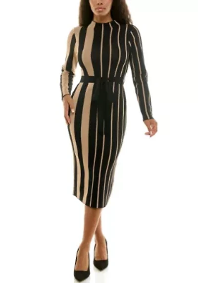 Mock neck vertical stripe sweater dress
