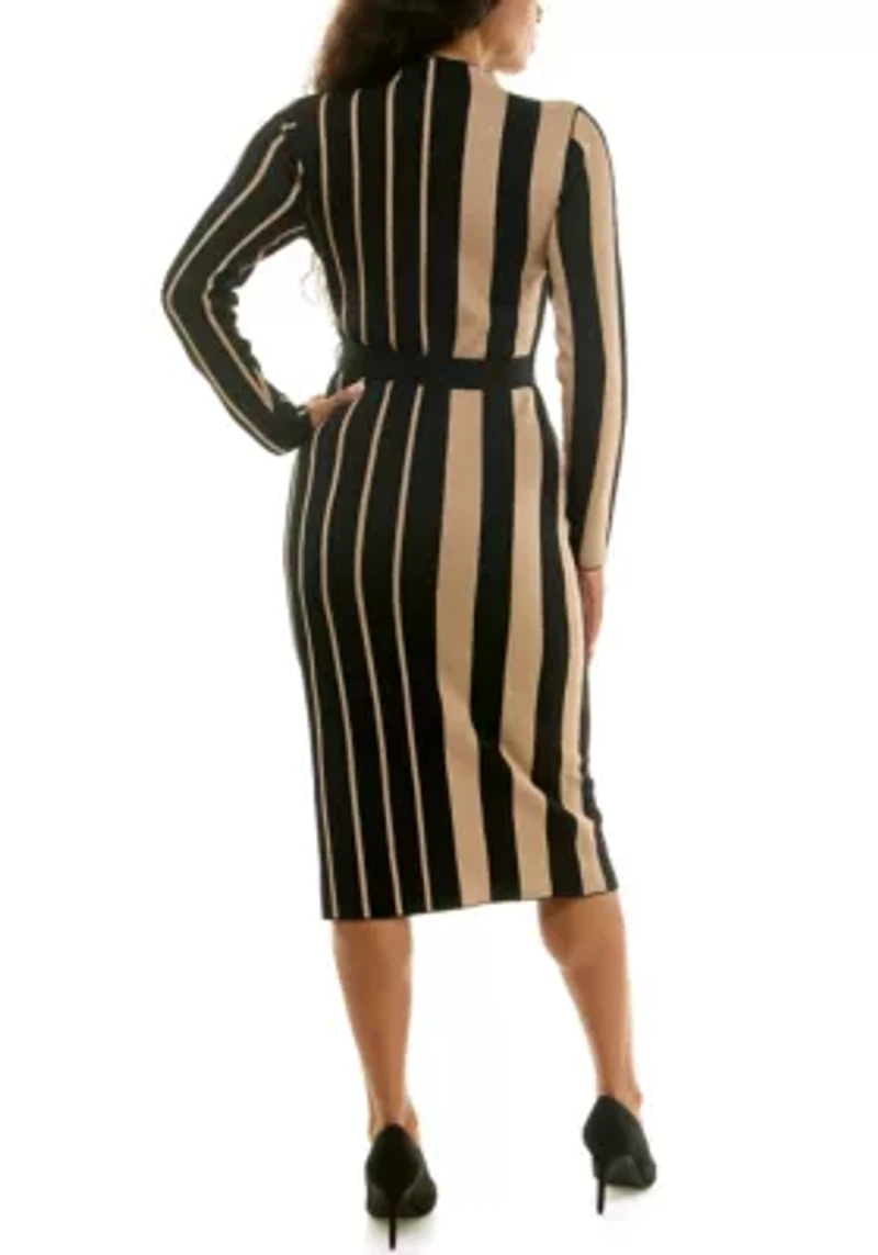 Mock neck vertical stripe sweater dress