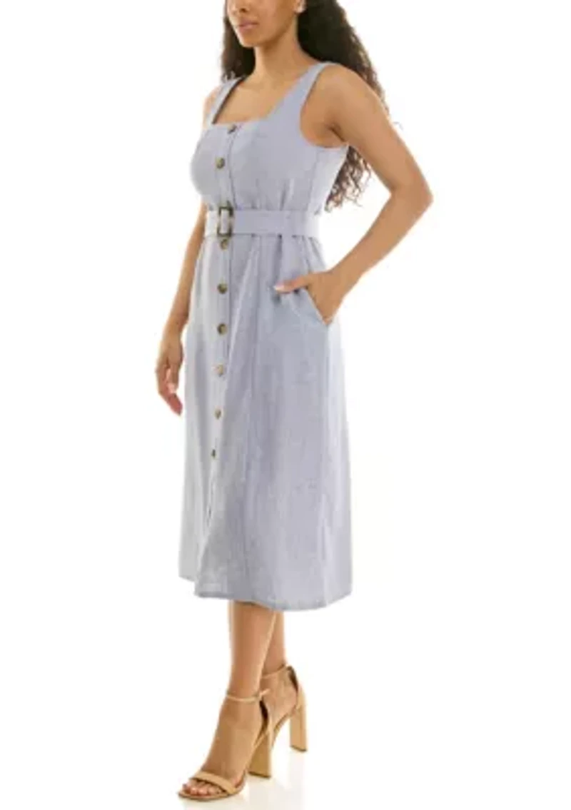 Square Neck Self Belt Dress