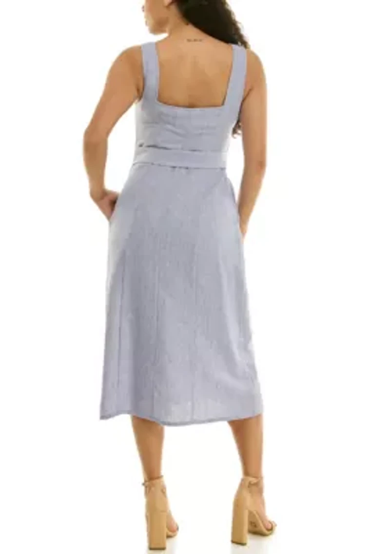 Square Neck Self Belt Dress