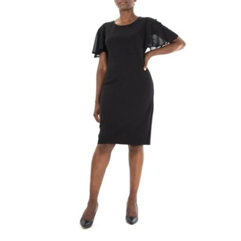 Jewel Neck High Tech Crepe Sheath Flutter Sleeve Dress