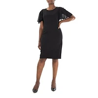 Jewel Neck High Tech Crepe Sheath Flutter Sleeve Dress