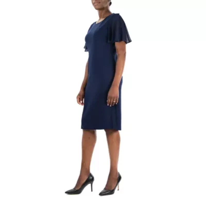 Jewel Neck High Tech Crepe Sheath Flutter Sleeve Dress