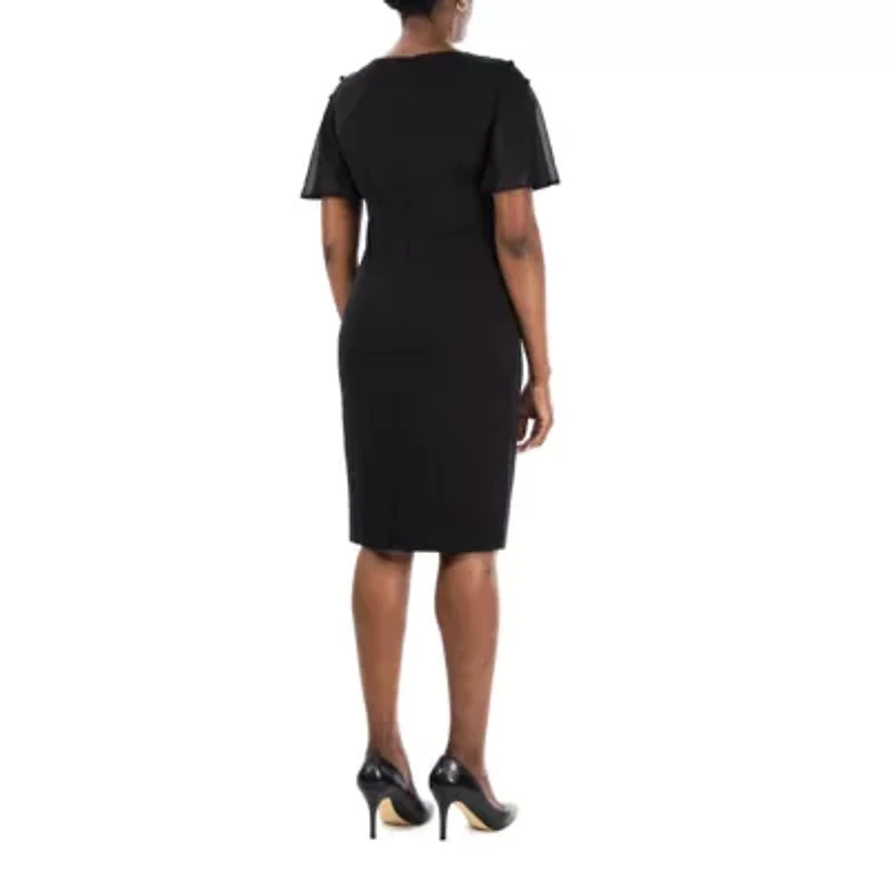Jewel Neck High Tech Crepe Sheath Flutter Sleeve Dress