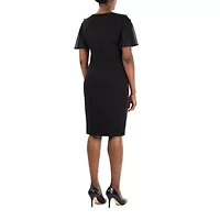 Jewel Neck High Tech Crepe Sheath Flutter Sleeve Dress