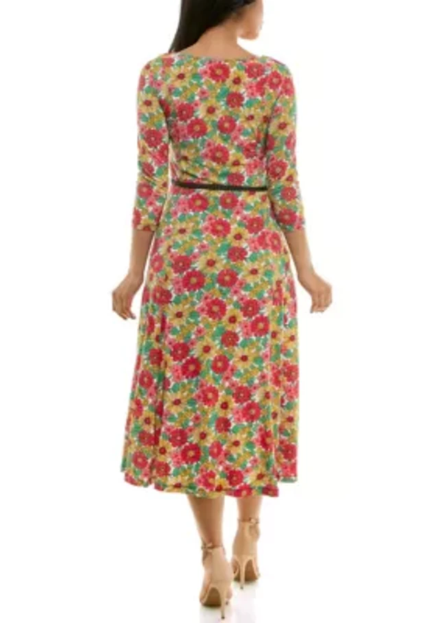 women's nina leonard sylvia print midi dress Nina Leonard Women's 3/4 Sleeve Sylvia Self Sash Dress, Small
