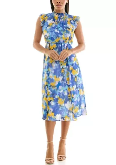Smocked Neck Flutter Sleeve Print Dress
