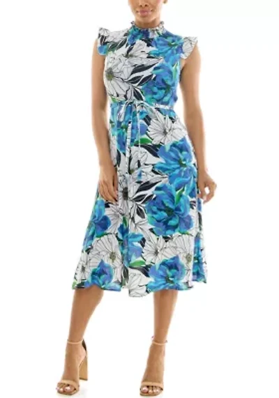 Smocked Neck Flutter Sleeve Dress