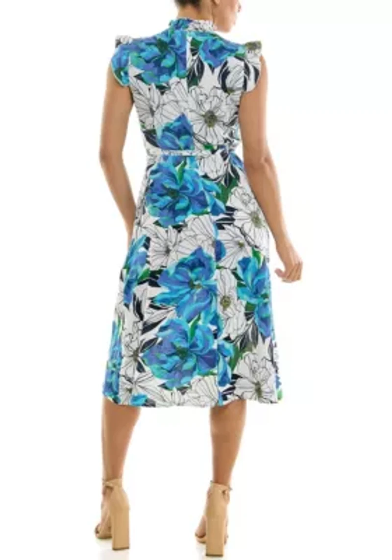 Smocked Neck Flutter Sleeve Dress