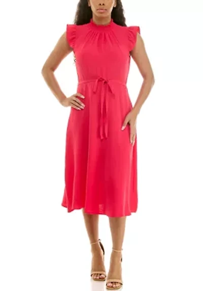 Smocked Neck Flutter Sleeve Dress