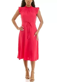 Smocked Neck Flutter Sleeve Dress