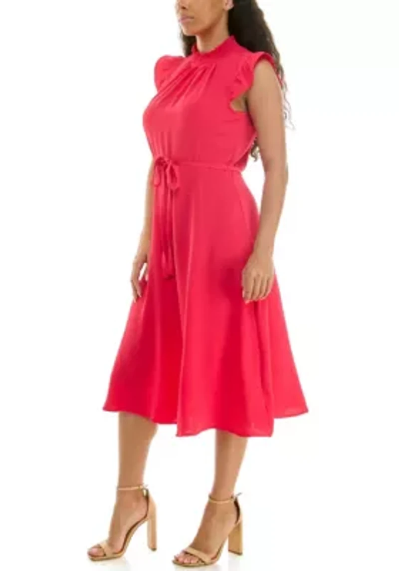 Smocked Neck Flutter Sleeve Dress