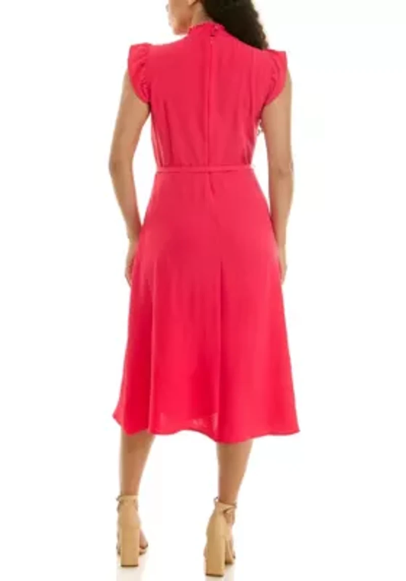 Smocked Neck Flutter Sleeve Dress