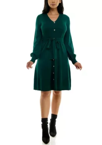 Balloon Sleeve Sash Sweater Dress