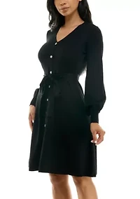 Balloon Sleeve Sash Sweater Dress