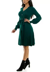 Balloon Sleeve Sash Sweater Dress