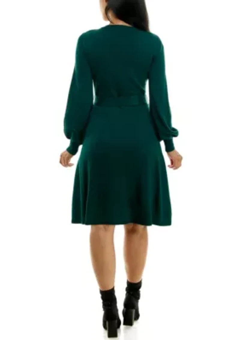 Balloon Sleeve Sash Sweater Dress