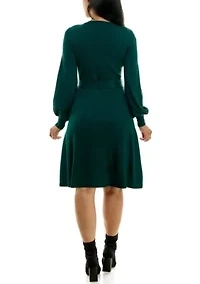 Balloon Sleeve Sash Sweater Dress