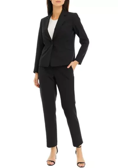 Women's Petite One Button Jacket With Long Sleeves and Slim Pant Set