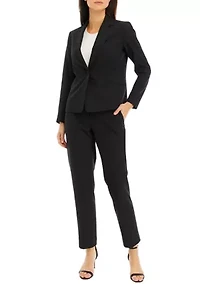 Women's Petite One Button Jacket With Long Sleeves and Slim Pant Set