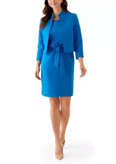 Stand Collar Three Quarter Sleeve Jacket & Belted Sheath Dress