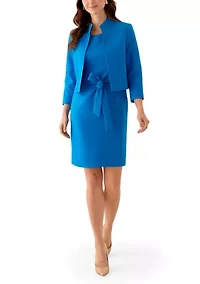 Stand Collar Three Quarter Sleeve Jacket & Belted Sheath Dress