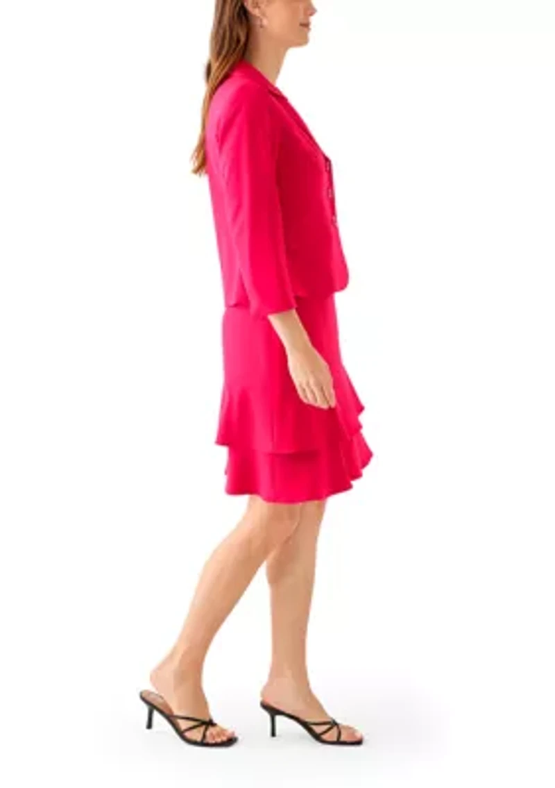 Three Button Long Sleeve Jacket & Ruffled Tiered Skirt