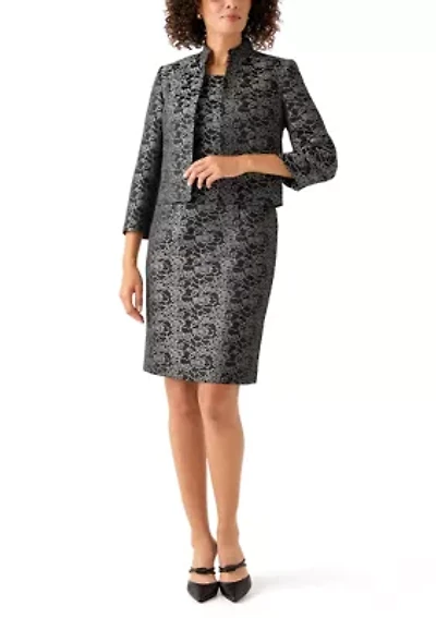 Jacquard Stand Collar Three Quarter Sleeve Jacket & Empire Seamed Dress