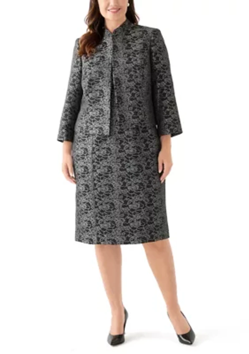 Jacquard Stand Collar Three Quarter Sleeve Jacket & Empire Seamed Dress