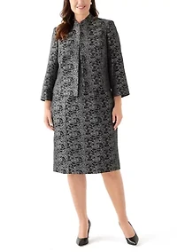 Jacquard Stand Collar Three Quarter Sleeve Jacket & Empire Seamed Dress