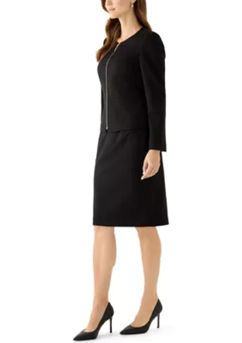 Ponte Zip-Front Jacket with Seaming & Skirt