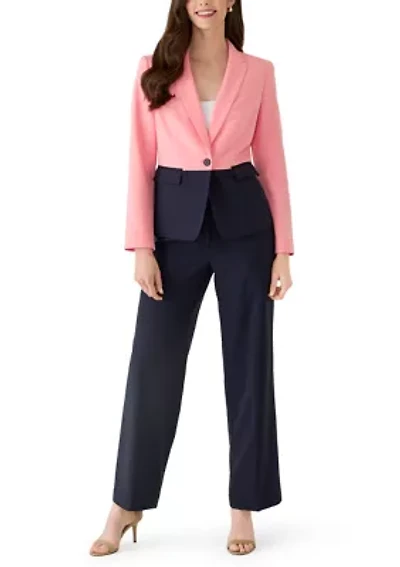 Colorblocked One Button Peplum Jacket and Fly Front Wide Leg Pant
