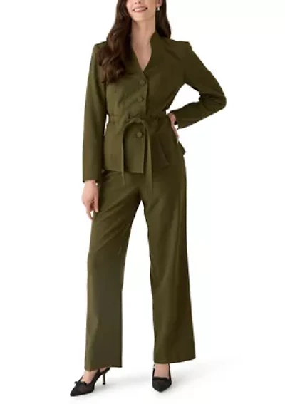Four Button Belted Jacket with Self Tie and Fly Front Wide Leg Pant