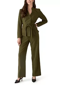 Four Button Belted Jacket with Self Tie and Fly Front Wide Leg Pant