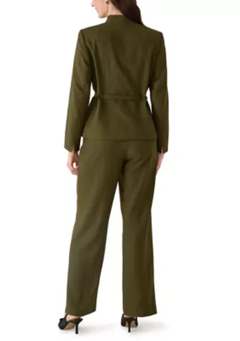Four Button Belted Jacket with Self Tie and Fly Front Wide Leg Pant