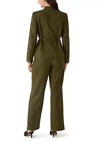 Four Button Belted Jacket with Self Tie and Fly Front Wide Leg Pant