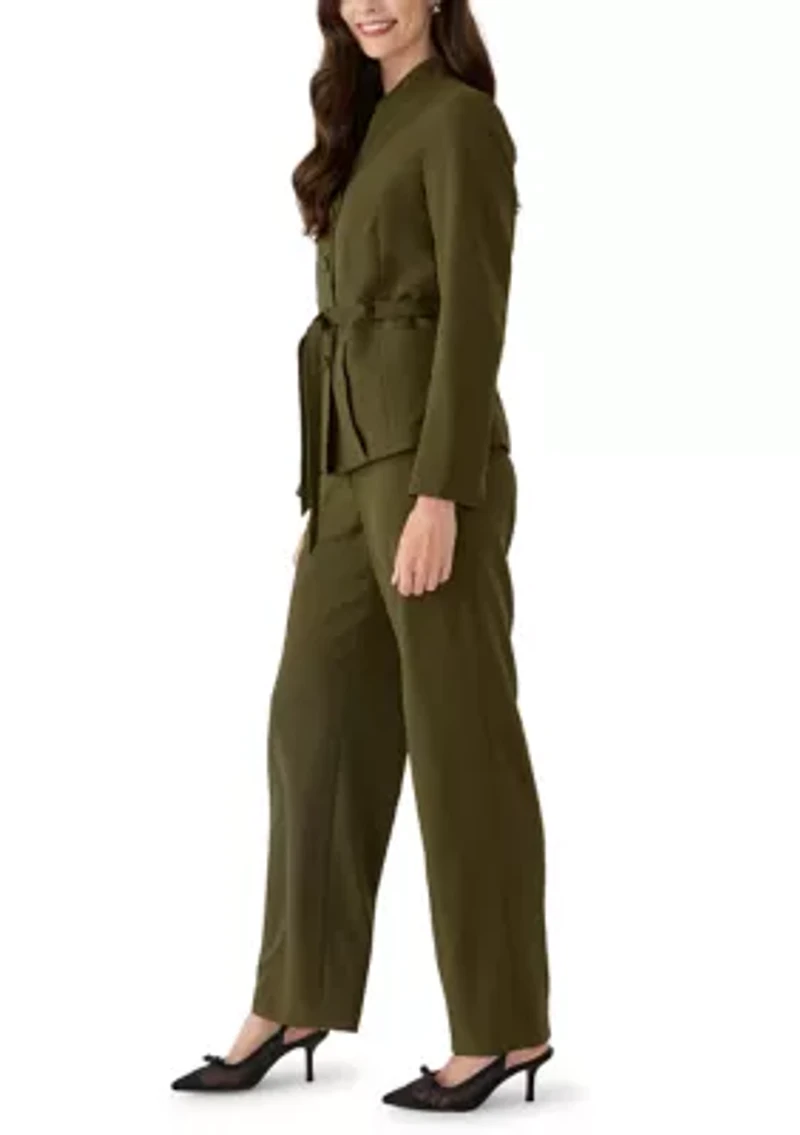 Four Button Belted Jacket with Self Tie and Fly Front Wide Leg Pant