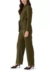 Four Button Belted Jacket with Self Tie and Fly Front Wide Leg Pant