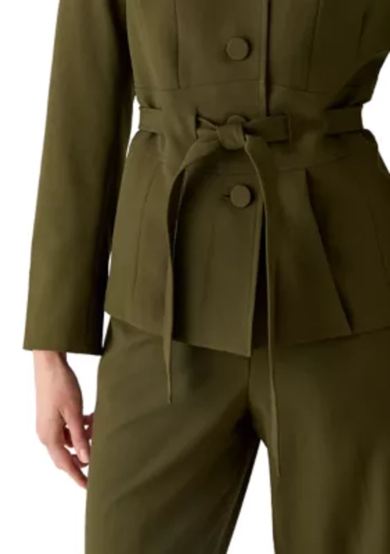 Four Button Belted Jacket with Self Tie and Fly Front Wide Leg Pant