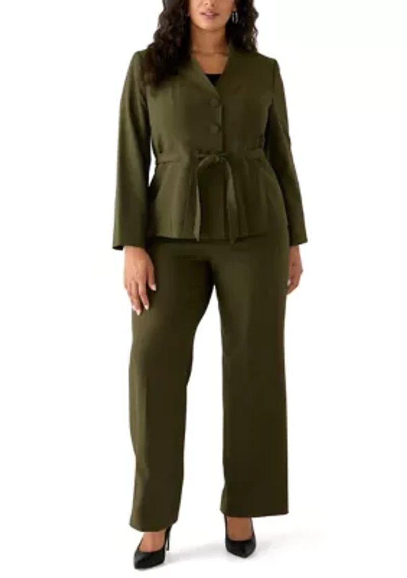 Four Button Belted Jacket with Self Tie and Fly Front Wide Leg Pant