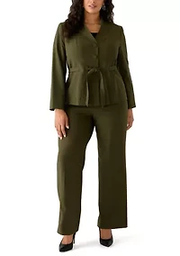 Four Button Belted Jacket with Self Tie and Fly Front Wide Leg Pant
