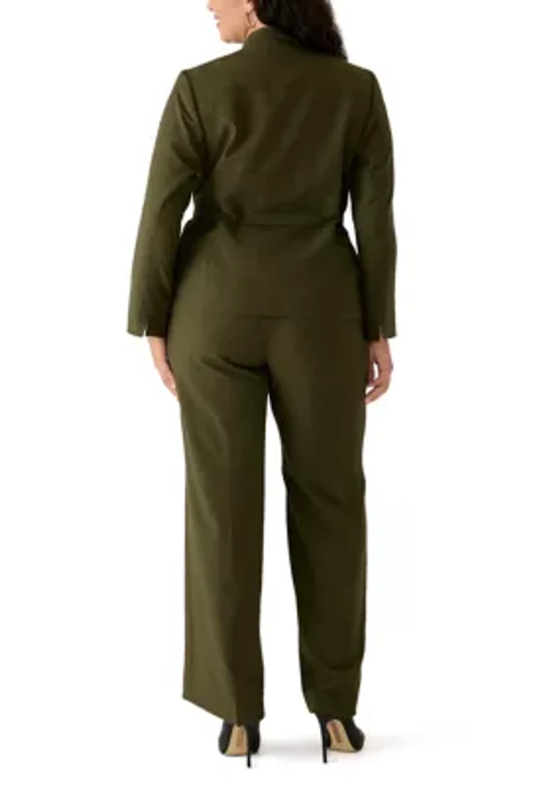 Four Button Belted Jacket with Self Tie and Fly Front Wide Leg Pant