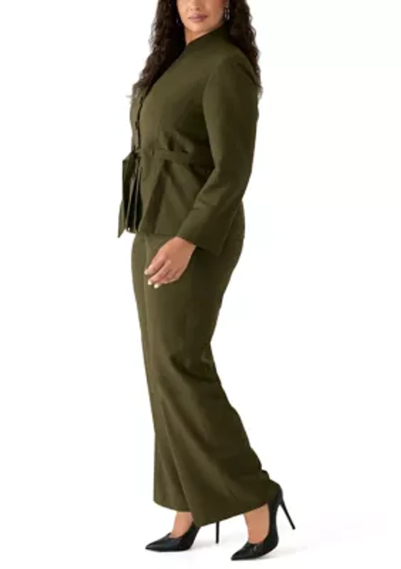 Four Button Belted Jacket with Self Tie and Fly Front Wide Leg Pant
