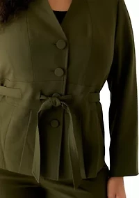 Four Button Belted Jacket with Self Tie and Fly Front Wide Leg Pant