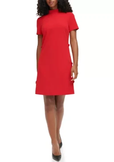 Women's Short Sleeve Mock Neck Solid Scuba Crepe Sheath Dress