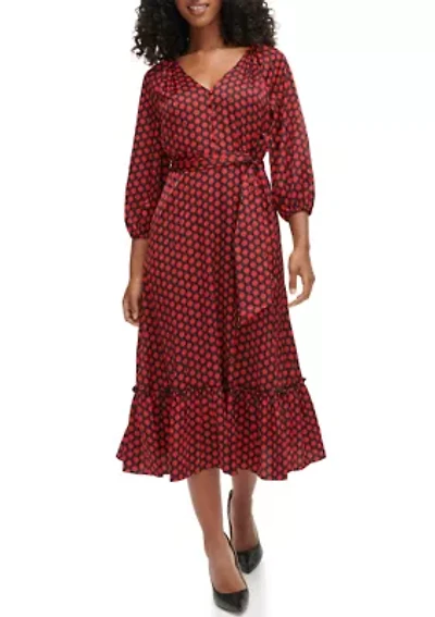Women's 3/4 Sleeve V-Neck Dot Print Belted Midi Dress