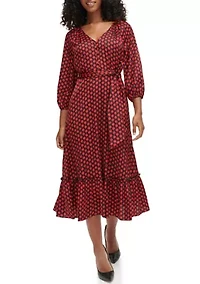 Women's 3/4 Sleeve V-Neck Dot Print Belted Midi Dress