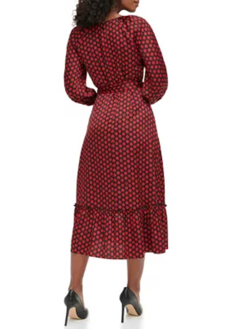 Women's 3/4 Sleeve V-Neck Dot Print Belted Midi Dress