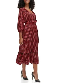 Women's 3/4 Sleeve V-Neck Dot Print Belted Midi Dress